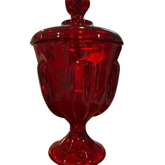 Vintage Viking Glass Ruby Red Epic 6 Petal Compote Candy Dish With Lid & Sticker - Picture 10 of 10